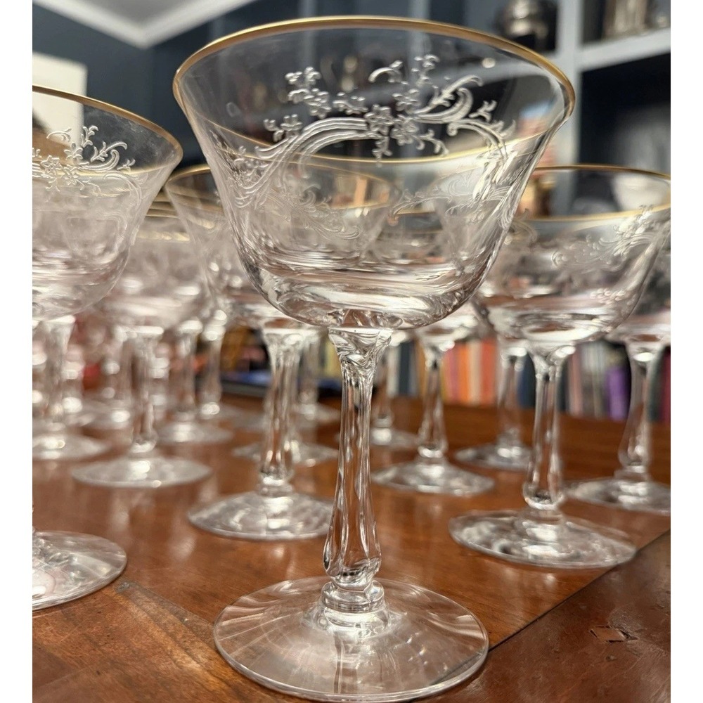 Golden Lace by Fostoria Champagne Tall Sherbert Set of 10 Vintage Etched w/Gold